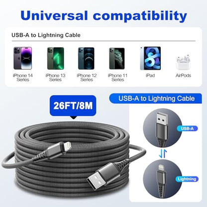 26FT/8M Extra Long iPhone Charger Cord [Apple MFi Certified] Braided iPhone Charger Fast Charging USB to Lightning Cable for iPhone 14/13/12/11, iPad (Black)