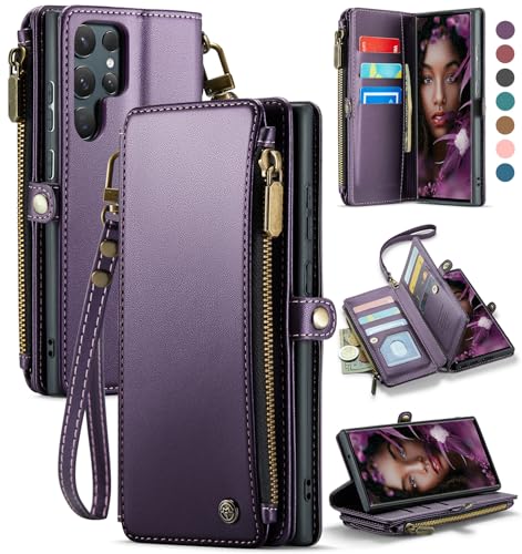 Defencase for Samsung Galaxy S22 Ultra Wallet Case with Card Holder, Purple | Durable PU Leather, with RFID Blocking Zipper Pocket, Wrist Strap, S22 Ultra Flip Phone Cases Cover with Stand for Women Men - color: Aesthetic Purple
