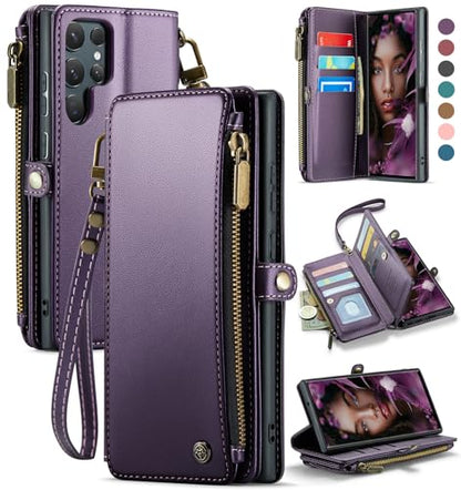 Defencase for Samsung Galaxy S22 Ultra Wallet Case with Card Holder, Purple | Durable PU Leather, with RFID Blocking Zipper Pocket, Wrist Strap, S22 Ultra Flip Phone Cases Cover with Stand for Women Men - color: Aesthetic Purple