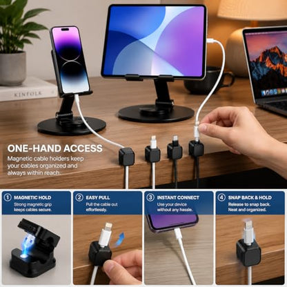 Phone & Tablet Stand for Desk (2 peice) with 6 Magnetic Cable Organizer Clips, 360 Rotating Adjustable Height Stand, Compatible with iPhone, iPad, All Smartphones Tablets, Desk Organization Bundle.