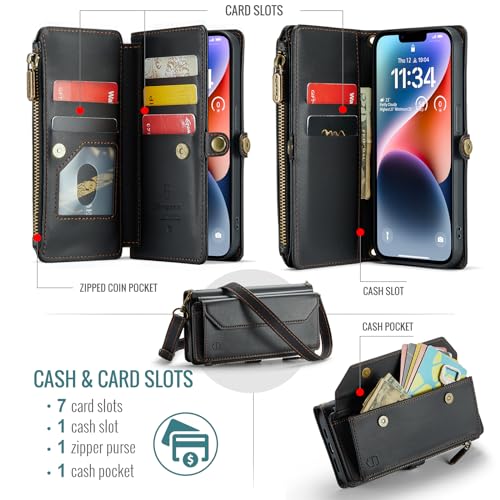 Strapurs Wallet Case Compatible with iPhone 14 RFID Blocking 7-Card Holder Soft PU Leather Magnetic Snap Shoulder Strap Zipper Pocket Phone Case Fit for iPhone 14 for Women 6.1" - Black | RFID Blocking 7-Card Holder, Shoulder Lanyard, Wirst Strap, Zipper