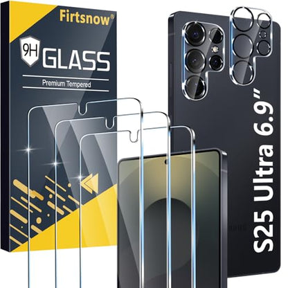 firtstnow 3 Pack for Samsung Galaxy S25 Ultra Screen Protector Tempered Glass + 3 Pack Camera Lens Protector, Military Grade Shatterproof, 9H Hardness, Fingerprint Unlock,Case Friendly 6.9 Inch