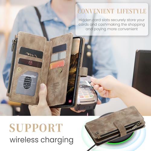 Samsung Galaxy S24 5G Wallet Case with Card Holder Kickstand Magnetic Zipper Pocket Lanyard Strap Wristlet,Leather Flip Case Wallet for Samsung Galaxy S24 5G 6.2 Inch(Brown) - color: Brown, size: S24 5G 6.2 Inch