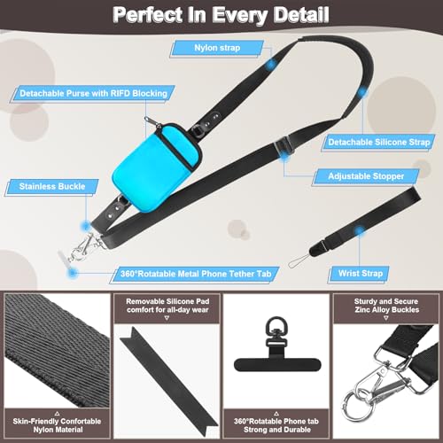 YFWE Clip and Go Strap for Phone With Wallet Crossbody (Detachable RFID Wallet) - Adjustable Phone Lanyard Crossbody with 360° Rotatable Tether Tabs for All Phones (Blue) - color: 6-blue