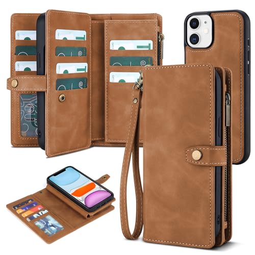 TwoHead for iPhone 11 Wallet case with 11 Card Holder (Brown) | Detachable Magnetic Phone Case, PU Leather Wallet for Women/Men,Wireless Charging Compatible,with Wrist Strap - color: Brown