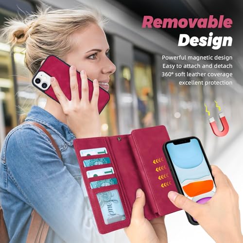 TwoHead for iPhone 11 Wallet case with 11 Card Holder (Wine Red) | Detachable Magnetic Phone Case, PU Leather Wallet for Women/Men,Wireless Charging Compatible,with Wrist Strap - color: Wine Red