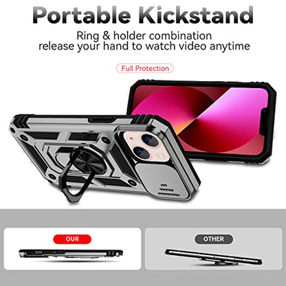 for iPhone 13 Case with Camera Lens Cover HD Screen Protector, Dual Layer [15 FT Military Grade Drop Protection] Magnetic Ring Holder Kickstand Protective Phone Case for iPhone 13 6.1 inch (Silver) - color: Silver with camera cover Military-Grade 2nd gen