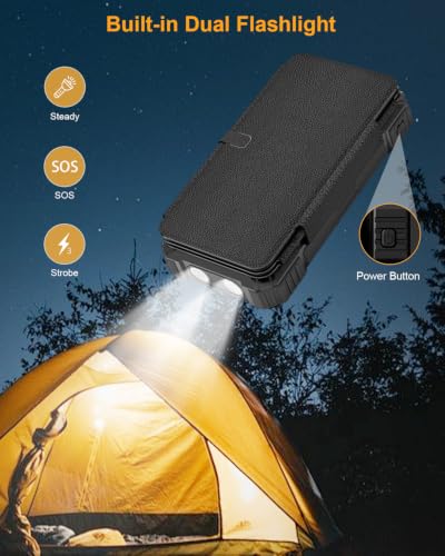 Solar Charger Power Bank 49800mAh with 4 Built-in Cables & 4 Foldable Panels, 22.5W Fast Portable Phone Charger, External Battery Pack with USB-C in/Output & Flashlight for Outdoor Camping - color: Dark grey-black