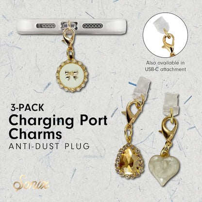 Sonix Dust Plugs - USB C + Lightning Compatible - Charging Port Charms (3 Pack) - Coquette - Heart, Teardrop Jewel, Enamel Bow - color: Coquette