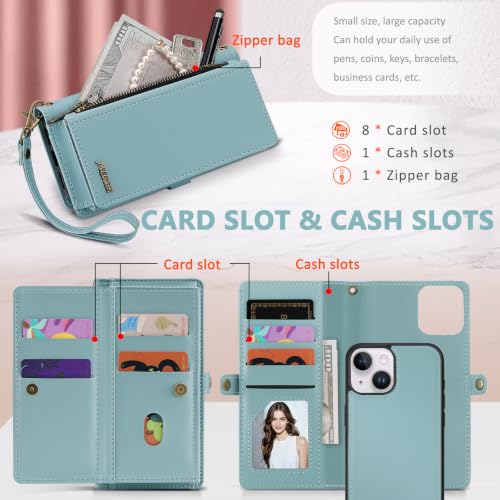 for iPhone 15 Wallet Case, Detachable Magnetic Shockproof Phone Case,Faux Leather Crossbody Wallet,with RFID Blocking，Zipper Card Holder，Shoulder Strap (Blue) - color: Blue, size: iPhone 15