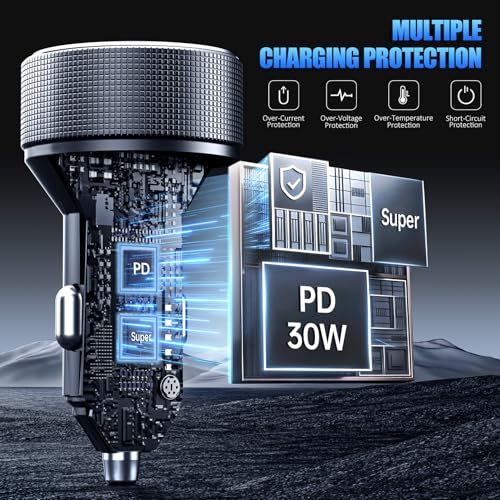 78W 4-Port USB C Car Charger Fast Charging Real-Time LED Voltmeter - color: Black