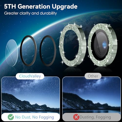 CloudValley for iPhone 15 Plus/iPhone 15 Camera Lens Protector Bling, Ultra-HD Tempered Glass Camera Cover [Case-Friendly] Metal Individual Lens Screen Protective Ring, Glitter Green - color: Glitter Green