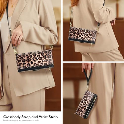 Antsturdy Crossbody Phone Wallet Case for iPhone 15 Pro,Leopard - Brown | RFID Blocking,PU Leather Flip Cover,Kickstand,with Credit Card Holder,Wrist Strap Lanyard & Handbag Purse,for Women & Men - color: (Crossbody) - Leopard-Brown