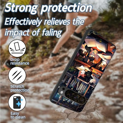 for Google Pixel 9 Pro XL Phone Case TPU Shockproof Full Body Protection Cover 6.8" Cat Bookshelf for Pixel 9 Pro XL Lightweight Compatible Wireless Charging Screen Protector Film - color: Cat Bookshelf
