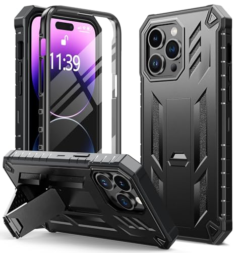 FNTCASE for iPhone 14 Pro Max Case, Built-in Screen Protector, Kickstand | 20FT Military-Grade Drop Protection, Anti-Slip Matte Textured, Rugged Heavy Duty Shockproof TPU Protective Cover - color: Kickstand Black
