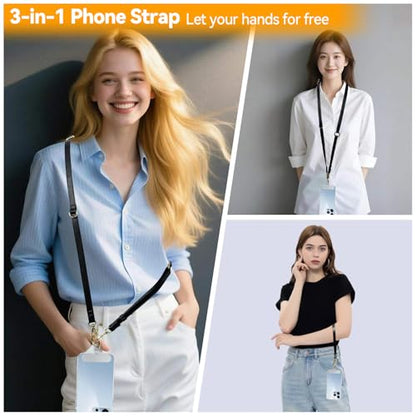 Clip and Go Phone Strap Crossbody Wrist 2 in 1 Leather Lanyard with Tether Hanging Loops Adjustable Anti-Theft Purse Replacement Handbag Long Thin Shoulder Neck Straps for All Phones Keys Bags Black - color: Black