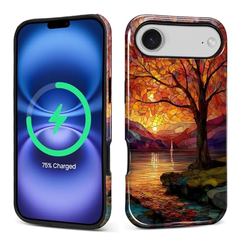 Magnetic Phone Case for iPhone 17 Air,Compatible with MagSafe,Durable 2 Layers Full Covered Shockproof Protective Cover-Stained Glass Sunrise Fall Leaves - color: Stained Glass Sunrise Fall Leaves, size: iPhone 17 Air