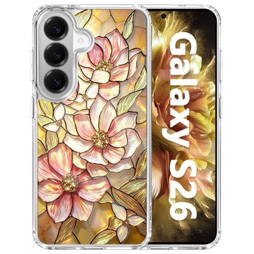 for Samsung Galaxy S26 Magnetic Case【Compatible with MagSafe】 Aesthetic Vintage Stained Glass Bloom Flower Design, Slim Fit Hard PC Back Shockproof Clear Phone Cover, Amber Peony - color: Amber Peony, size: Galaxy S26