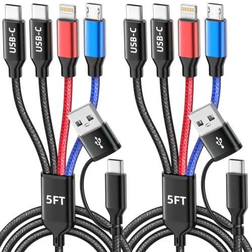 4 in 2 Multi Charging Cable, USBA/C Charging Cords for Multiple Devices - color: Multicolored, size: 2Pack 5FT