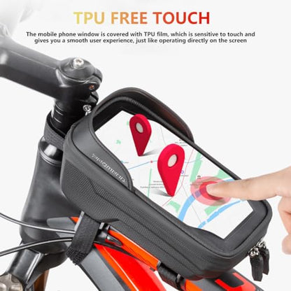 Waterproof Bike Frame Bag - MTB/Road Bike Top Tube Phone Holder | for Phones Under 6.5" Universal Bicycle Phone Pouch with Rain Cover & Shockproof Design, Commuter Cycling Accessories