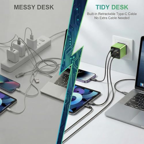3 in 1 80w max Retractable USB-C Fast Charging Wall Charger with Built-in Cable — Compact Travel-Ready Design, Easy to Carry, Ideal for Hotel Stay, Desktop Charging & On-the-Go Use (Yellow)
