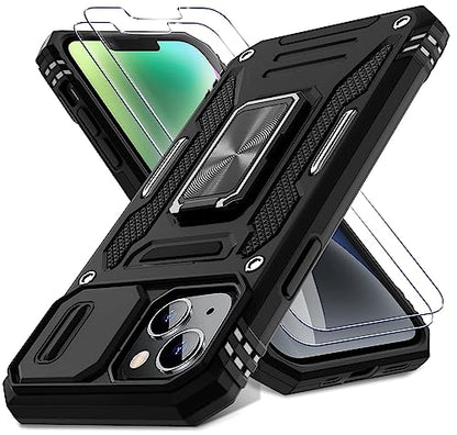 DEERLAMN Case for iPhone 13/iPhone 14 6.1-Inch with Slide Camera Cover+Screen Protector(2 Packs),Rotated Ring Kickstand Military Grade Shockproof Protective Cover-Black - color: Black