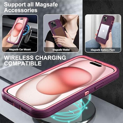 YKHJKLEC for iPhone 15 Case, Compatible with Magsafe, Military Grade 3 in 1 Heavy Duty Shockproof/Drop Proof/Dust Proof Case with 2Pcs Tempered Glass Screen Protector (New-Purple/Pink) - color: New-Purple/Pink