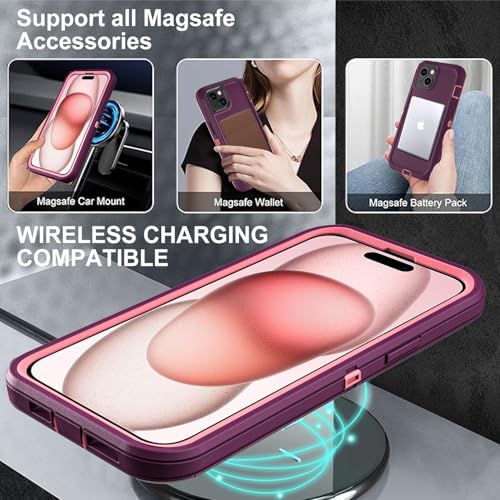 YKHJKLEC for iPhone 15 Case, Compatible with Magsafe, Military Grade 3 in 1 Heavy Duty Shockproof/Drop Proof/Dust Proof Case with 2Pcs Tempered Glass Screen Protector (New-Purple/Pink) - color: New-Purple/Pink