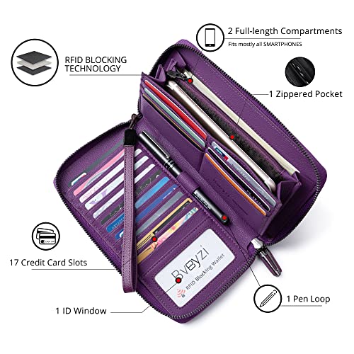 Bveyzi Women RFID Blocking Wallet Leather Zip Around Phone Clutch Large Capacity Ladies Travel Purse Wristlet - color: Purple