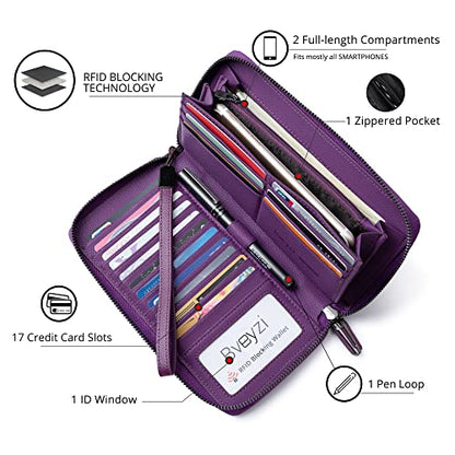 Bveyzi Women RFID Blocking Wallet Leather Zip Around Phone Clutch Large Capacity Ladies Travel Purse Wristlet - color: Purple