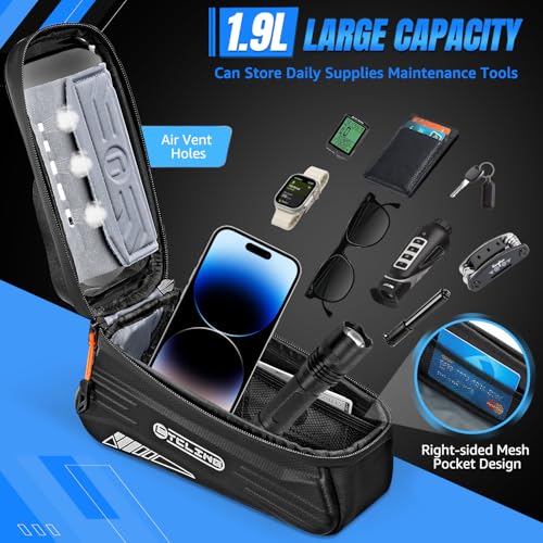WOTOW Bike Phone Bag, Waterproof Bicycle Top Tube Phone Holder Hard Shell | Bike Front Frame Bag with TPU Touch Screen for Cell Phones Up to 7", 1.9L Bike Handlebar Bag for Ebike Accessories Storage