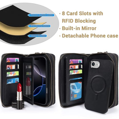 Harryshell Compatible with iPhone 16e / 17e Case Wallet Multi Zipper Detachable Removable Cover Purse with RFID Blocking Card Slots Holder Mirror Crossbody Strap (Compatible with Magsafe - Black) - color: Compatible with Magsafe - Black, size: iPhone 16e