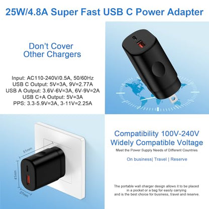 Charger Plug Super Fast Charging 25W 2Port USB A & USB C Wall Charger Block