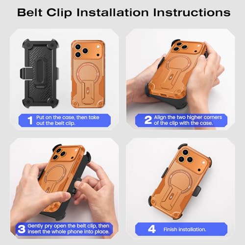 Caka 4-in-1 for iPhone 17 Pro Max Case with Belt Clip Holster and Stand | HD Glass Screen & Camera Lens Protector, Compatible with MagSafe, Hidden Kickstand, Rugged Heavy Duty Shockproof Phone Cover - color: Orange