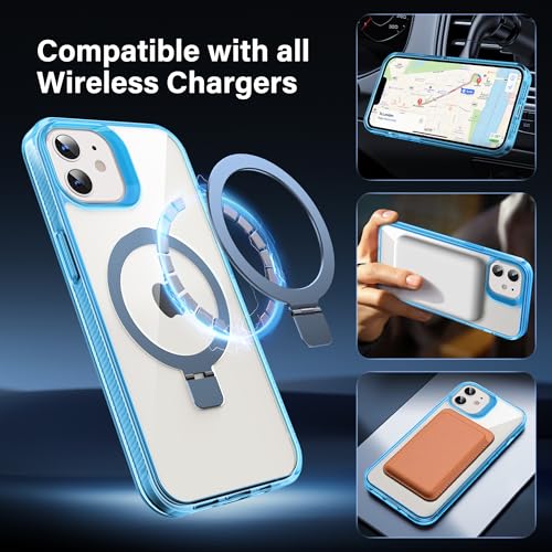Magnetic Case for iPhone 12/12 Pro - [Built-in Invisible Stand] [Compatible with MagSafe] [Military Grade Drop Protection] Anti-Yellowing Hard Back Silicone Edge Cover, 6.1", Clear Blue - color: Clear Blue, size: iPhone 12/12 Pro 6.1''