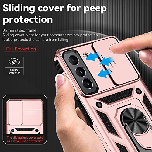 for Samsung Galaxy S22 Case with Camera Lens Cover HD Screen Protector, Dual Layer Military-Grade Drop Tested Magnetic Ring Holder Kickstand Protective Phone Case for Samsung Galaxy S22 5G (Rose Gold) - color: Rose Gold with camera cover Military-Grade 2n