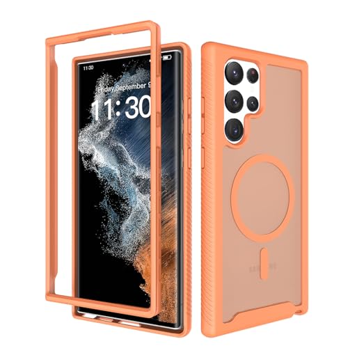 for Samsung Galaxy S22 Ultra Case Magnetic, Compatible with Magsafe 6.8-Inch Slim Fit 360 Heavy Duty Protector Wireless Charging Shockproof Anti-Slip TPU and PC Protective Phone Cover, Orange - color: Orange
