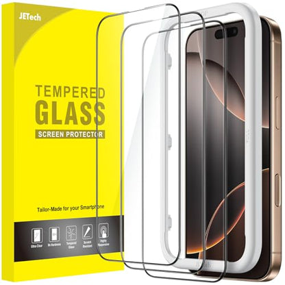 JETech Full-Coverage Screen Protector for iPhone 16 Pro Max, 3-Pack | Black Edge Tempered Glass, Easy Installation Tool, HD Clear, Case-Friendly - size: iPhone 16 Pro Max