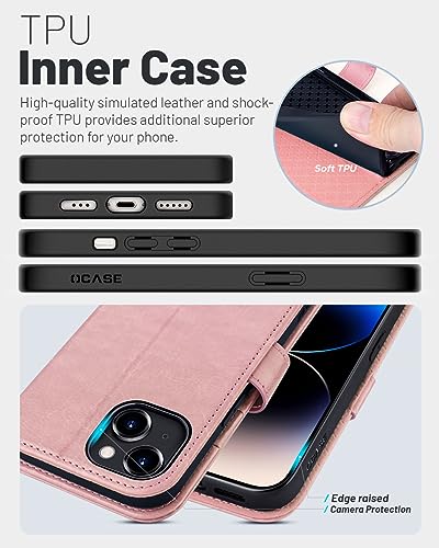 OCASE Compatible with iPhone 15 Wallet Case, PU Leather Flip Folio Case with Card Holders RFID Blocking Kickstand [Shockproof TPU Inner Shell] Phone Cover 6.1 Inch 2023, Pink - color: Pink