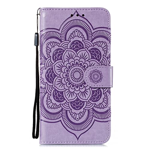 EYZUTAK Case for iPhone 13 Pro, Premium PU Leather Magnetic Flip Wallet Case with Card Holder Cash Slot Lanyard Strap Kickstand Function Embossed Mandala Flower Pattern Shockproof Cover - Purple - color: Purple, size: iPhone 13 Pro