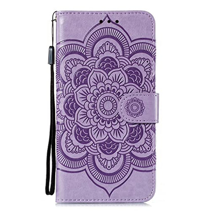 EYZUTAK Case for iPhone 13 Pro Max, Premium PU Leather Magnetic Flip Wallet Case with Card Holder Cash Slot Lanyard Strap Kickstand Function Embossed Mandala Flower Pattern Shockproof Cover - Purple - color: Purple, size: iPhone 13 Pro Max
