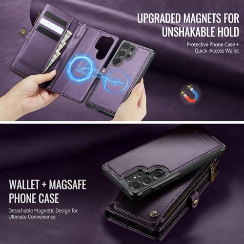 Defencase for Galaxy S24 Ultra Case Wallet Compatible with Magsafe, Purple | Magnetic Detachable, RFID Bolcking Card Holder, Zipper Strap, PU Leather Drop-Proof Phone Cover for Samsung Galaxy S24 Ultra - color: (Detachable with Magsafe)-Purple