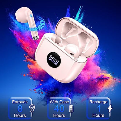 Wireless Earbuds, Bluetooth 5.4 Ear Buds, LED Power Display, 6D Bass Stereo - color: Pink