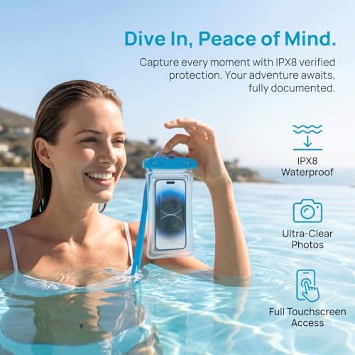 Waterproof Phone Pouch Case-[2 Pack][Easy Lock & Heavy Duty] IPX8 Water Proof Cell Phone Dry Bag for Beach,Swim Protector for iPhone 17 16 15 14 13 12 11 Pro Max Plus, Galaxy S25,7.2",White and Blue