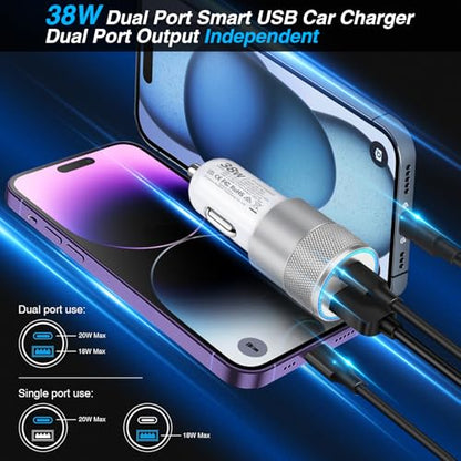 Car Charger, 2 Pack 38W Dual-Port USB-C & USB-A Cigarette Lighter Adapter - color: 2-Pack White