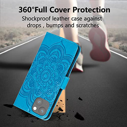 EYZUTAK Case for iPhone 14 Plus, Premium PU Leather Magnetic Flip Wallet Case with Card Holder Cash Slot Lanyard Strap Kickstand Function Embossed Mandala Flower Pattern Shockproof Cover - Blue - color: Blue, size: iPhone 14 Plus