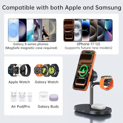 Qi2.2 25W 3 in 1 Wireless Charging Station with TEC Active Cooling Mag-Safe Charger Stand,Magnetic Qi 2 Wireless Charger for iPhone 17-8,Galaxy S26/S25/S24,Apple/Samsung Watch,Pods/Buds (Black) - color: black