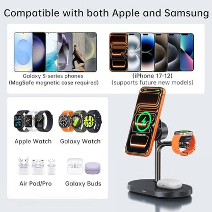Qi2.2 25W 3 in 1 Wireless Charging Station with TEC Active Cooling Mag-Safe Charger Stand,Magnetic Qi 2 Wireless Charger for iPhone 17-8,Galaxy S26/S25/S24,Apple/Samsung Watch,Pods/Buds (Black) - color: black