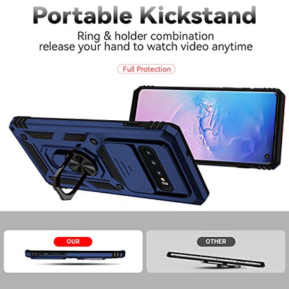 for Samsung Galaxy S10 Plus Case with Camera Lens Cover HD Screen Protector, Military-Grade Drop Tested Magnetic Ring Holder Kickstand Protective Phone Case for Samsung Galaxy S10+ Plus (Navy Blue) - color: Navy Blue with camera cover Military-Grade 2nd g