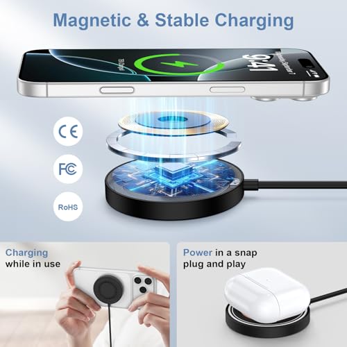 Samsung S26 Ultra Wireless Charger Fast Charging Pad Magnetic Charger for Samsung Galaxy S26 Plus/S25 Ultra/S24/S23/S22/2Pack 15W Fast Magsafe Charger Pad with USB A Adapter for iPhone 17 Pro/16/15/14 - color: Black